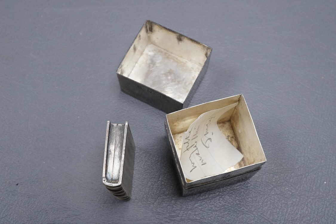 A William IV silver 'book' vinaigrette by Taylor & Perry, Birmingham, 1835, 40mm, together with a white metal box and cover.
